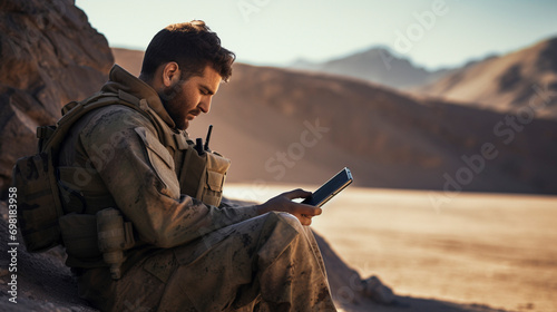 War Zone Connectivity: US Soldier Operating Tablet on Duty, Generative AI