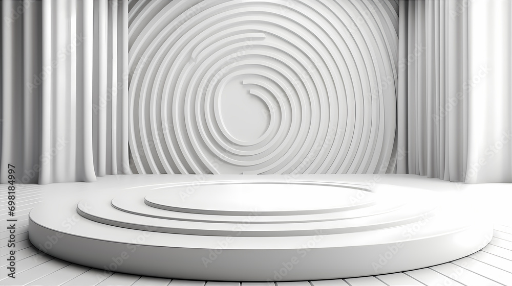 Fototapeta premium Abstract background. Spiral-shaped volumetric, white circles, of different sizes at different levels with a shadow. Futuristic background.