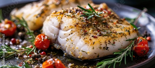 Atlantic wolffish steak seasoned with herbs and spices. photo