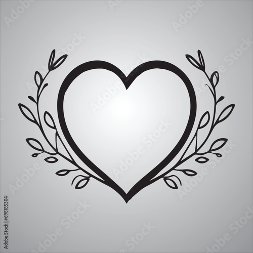Premade heart design with floral wreath. Hand drawn heart. Vector and illustration black and white