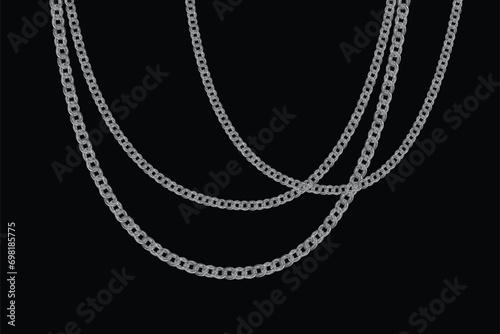 Chain Link Metal Steel. Realistic Chain in Chrome. Silver Chain in Black Background.