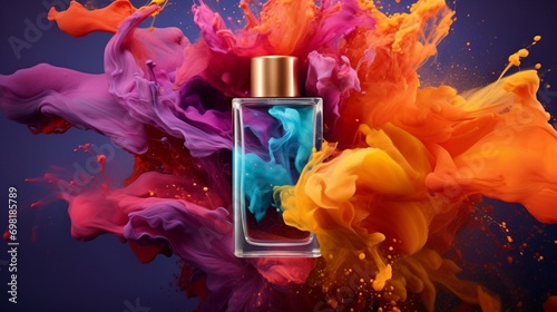 A burst of vibrant colors surrounding a cosmetic bottle, conveying a sense of energy and vitality.