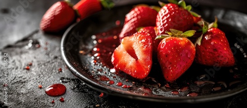 Fresh strawberries and strawberry syrup on a black plate, served with cheesecake. photo
