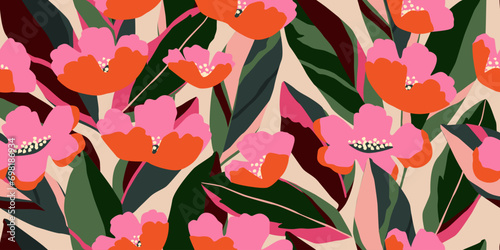 Hand drawn tropical flowers, seamless patterns with floral for fabric, textiles, clothing, wrapping paper, cover, banner, interior decor, abstract backgrounds. vector illustration.