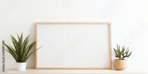 Horizontal empty photo frame mockup in minimalist design. Scandinavian light interior and vases. Template for pictures and photography