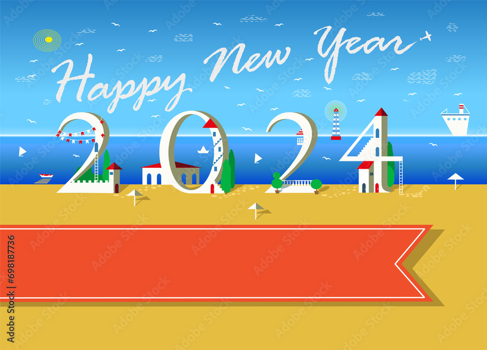 Happy New Year 2024 At The Beach White Text Is In The Sky As Plane happy-new-year-2024-at-the-beach-white-text-is-in-the-sky-as-plane