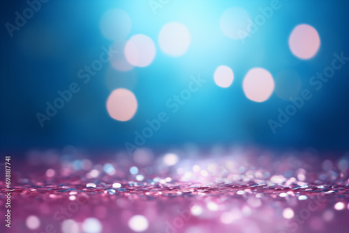 Pink sparkles on a blue background  place for a product or gift. Blurred glitters  fairytale background