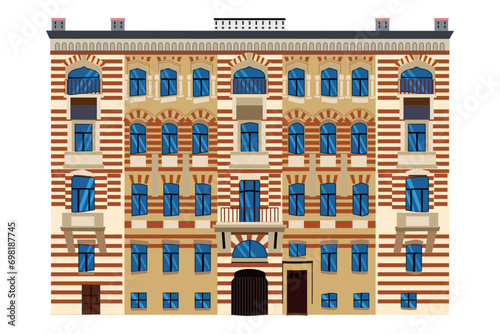 A multi-storey building with windows, balconies and doors in a flat style, isolated on a white background. Vector illustration