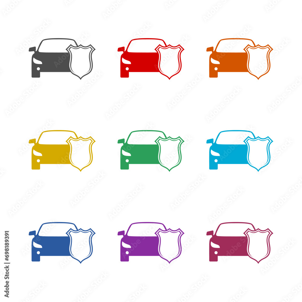 Car insurance, Car shield icon isolated on white background. Set icons colorful Car insurance, Car shield icon isolated on white background. Set icons colorful