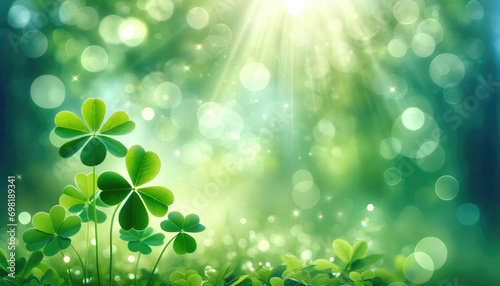 Green shamrock clover leaves natural spring background green St. Patrick's day with bokeh and sun rays photo