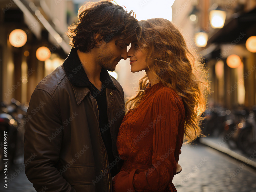 Young couple in love on the street. Valentine's Day. 