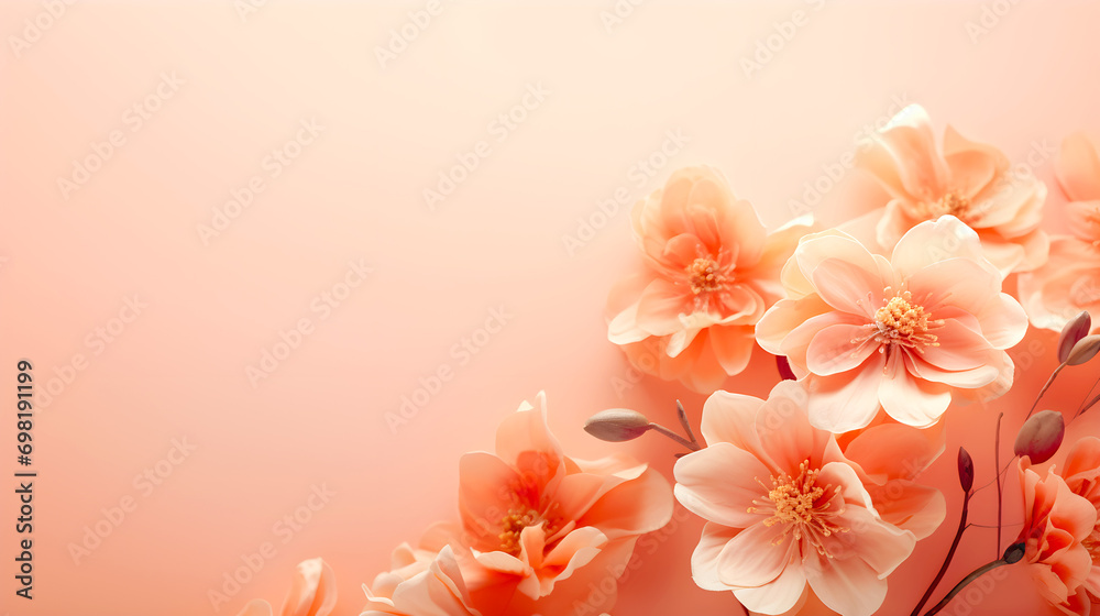  Flowers against Peach Fuzz color background. Color of the year 2024. Close-up. Banner