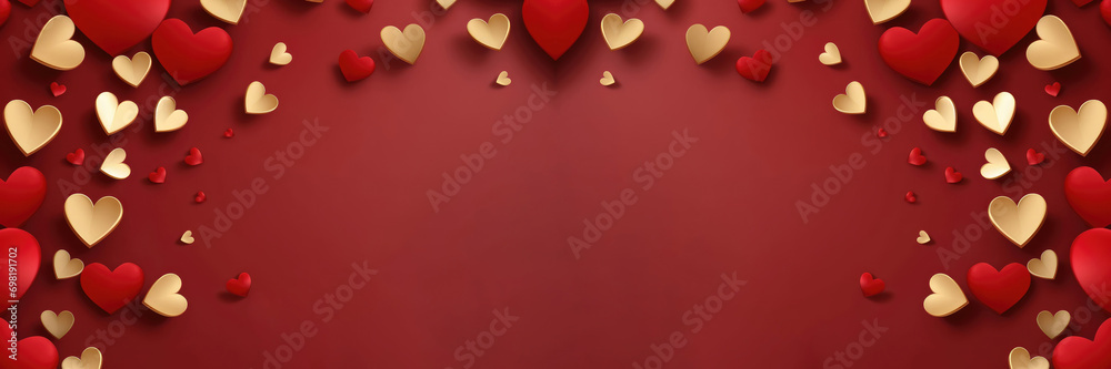Festive romantic background with red and gold paper hearts Valentine's Day. Copy space. Postcard, advertising banner.