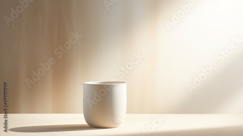A ceramic cup with a minimalist design  bathed in soft diffused light  creating a serene and calming visual experience.