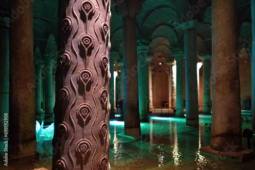 The Basilica Cistern, or Yerebatan Sarayi, is the ancient underground water reservoir beneath Istanbul city, Turkey
