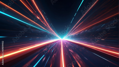 A motion shot of a train travelling through a tunnel at night, Design of abstract fast scaling speed motion background technology photo
