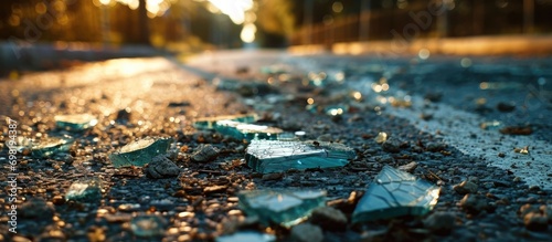 Used building materials and shattered glass on road.