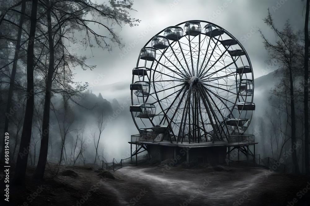 Ferris wheel in the middle of the forest and hills, cloudy foggy weather and mystical atmosphere, gray tones, AI generation Kandinsky. Poster for themed parties or horror movies