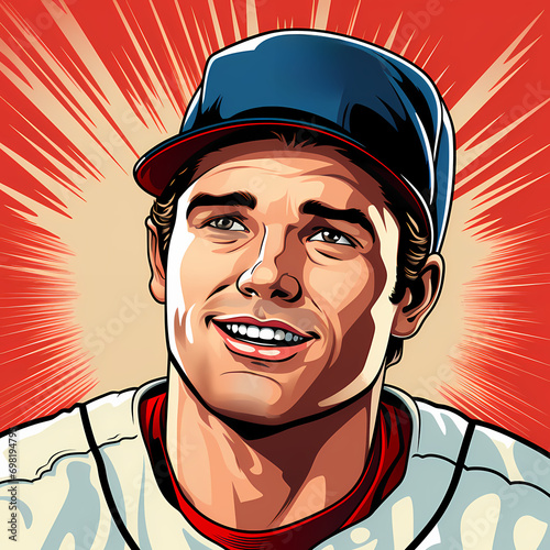 Baseball player on pop art vintage retro style background. batter hits the ball illustration photo