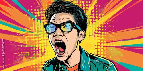 shocked asian male shouting on colorful pop art background, generative AI