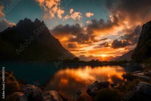 sunset over the mountains  Tropical landscape panorama with sunset or sunrise dramatic sky