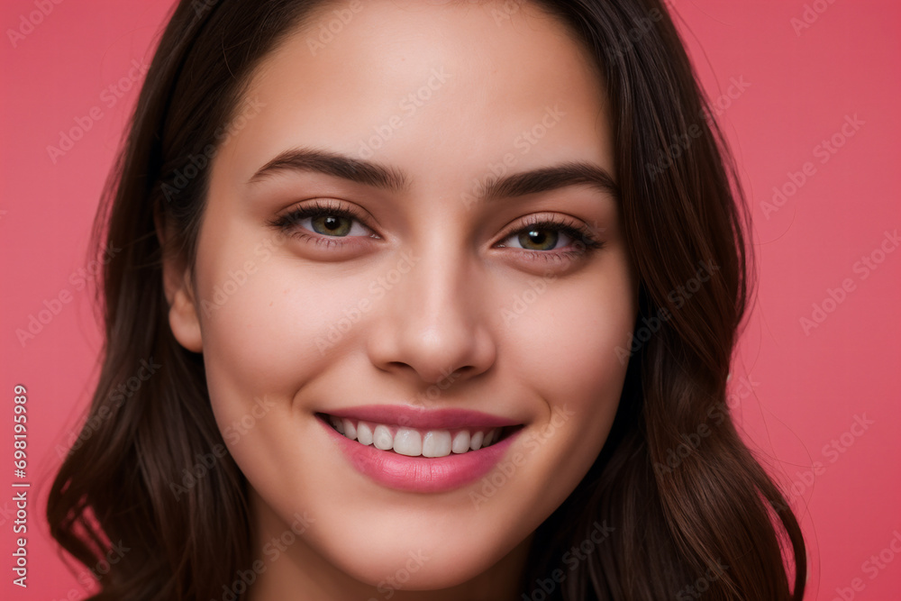 Portrait of beautiful young happy smiling woman in pink shirt on red background Portrait of beautiful young happy smiling woman in pink shirt on red background