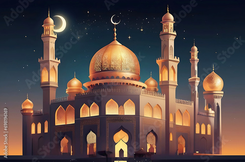 illustration of amazing architecture design of muslim mosque arabic lantern of ramadan celebration. ai generated