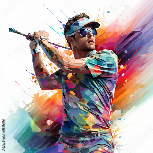 Golf player on pop art vintage retro style background, hits the ball