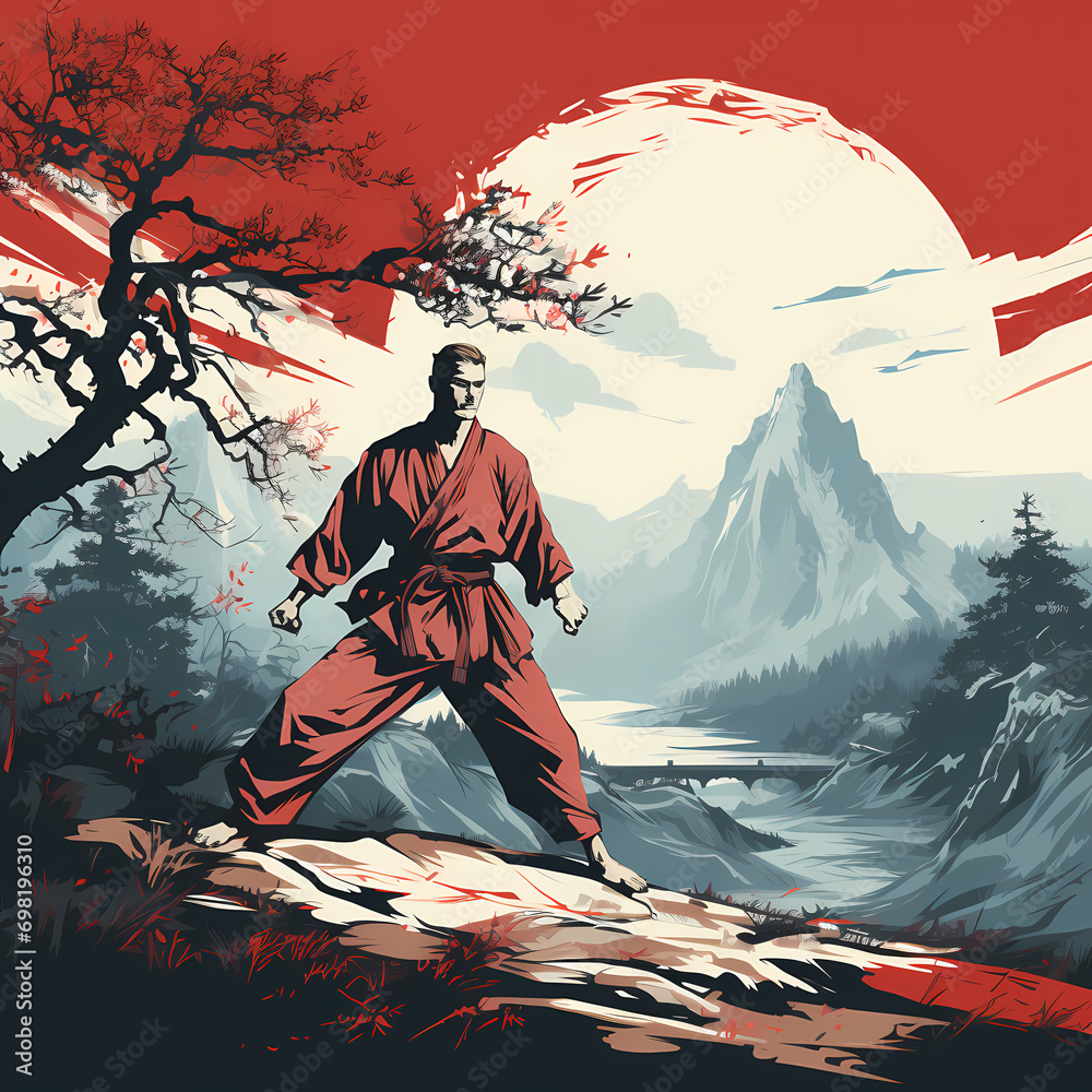 Fototapeta premium Art of karate painting . Illustration Graphic Pop Art Poster and Cover of Sticker and Cartoon man