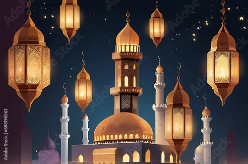 illustration of amazing architecture design of muslim mosque arabic lantern of ramadan celebration. ai generated photo