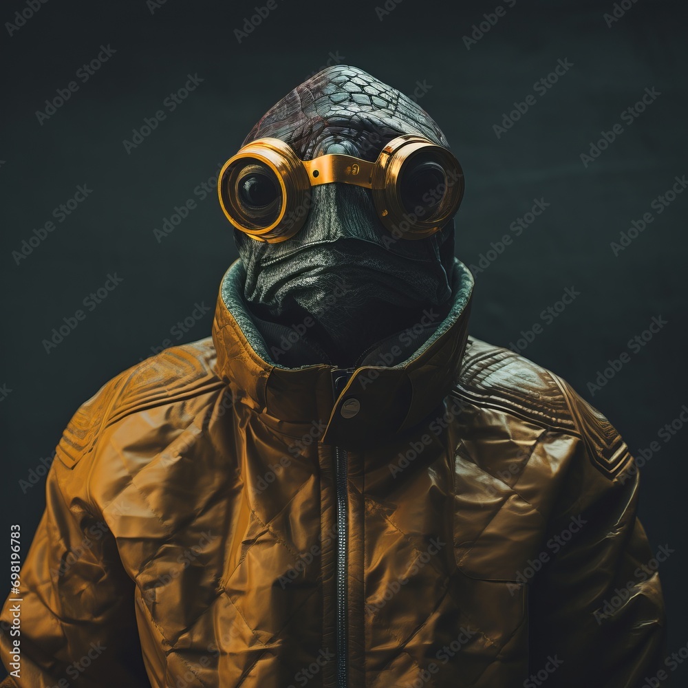 A turtle-headed figure clad in sturdy layers contemplates deeply, encapsulating the essence of a slow, deliberate life A turtle-headed figure clad in sturdy layers contemplates deeply, encapsulating the essence of a slow, deliberate life