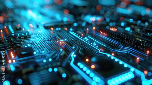 Close up of circuit board interior of a computer with neon lights in detail, circuit board ,Semiconductor advanced circuit board technology background concept.
