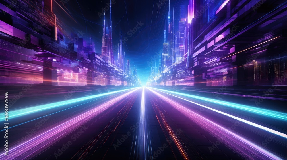 Abstract long exposure dynamic speed light trail through modern mega city and skyscraper city with futuristic neon technology background. - obrazy, fototapety, plakaty 
