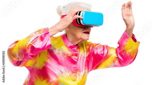  generative AI. Elderly woman having fun using VR glasses in virtual world entertainment on transparent background PNG. Always future world technology concept.