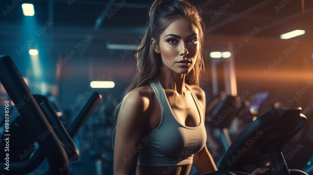 A white girl in sportswear occupying a gym. Exercise equipment, running. Fitness and sports exercises. A white girl in sportswear occupying a gym. Exercise equipment, running. Fitness and sports exercises.