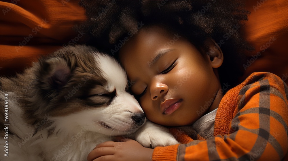 small black African-American boy sleeping next to a dog in bed. love for pets. spending time together. The dog is a family member