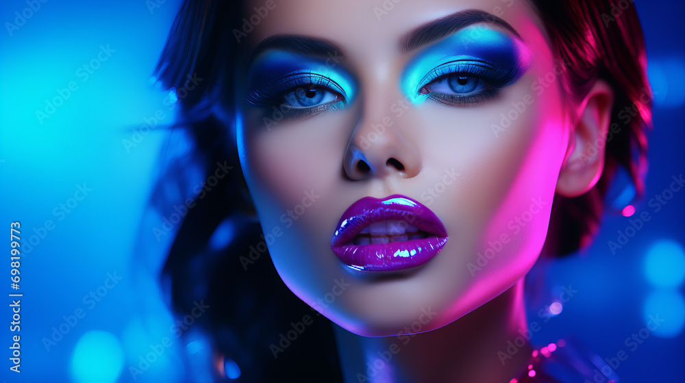 Portrait of a woman with makeup, Beautiful young model trendy glowing makeup, disco party celebration concept, Valentine Day, International Women Day, copy space
