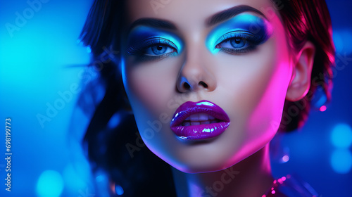 Portrait of a woman with makeup  Beautiful young model trendy glowing makeup  disco party celebration concept  Valentine Day  International Women Day  copy space