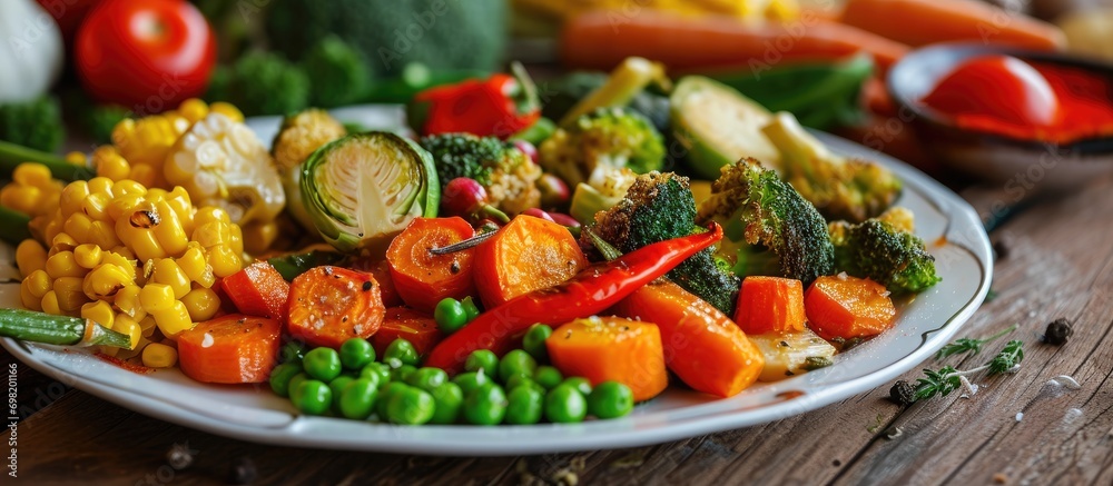 Vegetable medley on plate: Brussels sprouts, carrots, broccoli, peas, peppers, corn. Vegan or vegetarian dish.