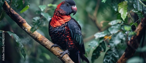 Rare Pesquet parrot, native to New Guinea, found in the dark green forests of Asia, is an endemic bird with an unattractive red and black appearance, often seen perched on branches in its natural photo