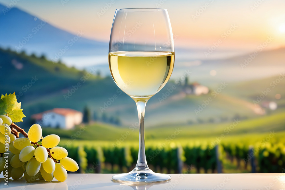 A glass of white wine on a blurred background