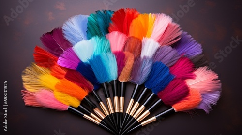 A set of makeup brushes with colorful bristles arranged in a fan shape. photo