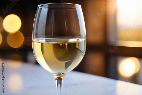 A glass of white wine on a blurred background