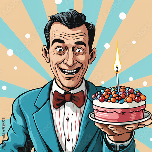 Smiling man Having a Birthday Party. Pop Art illustration