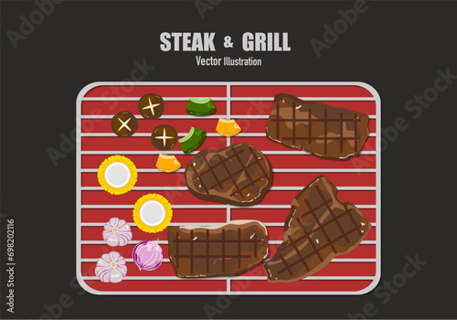 Vector illustration of cooking grilled steak, meat, and vegetables on a charcoal grill with kitchen utensils. Top view, isolated on white. For elements in designing food menus.