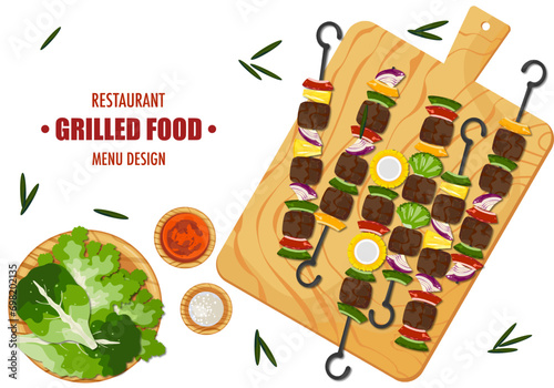 Set of illustrations of grilled food, barbecue, meat, spices, and various grilled vegetables on a cutting board. Top view. Isolated on a cute white background cartoon for design elements.