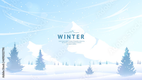Winter in the mountains. Frosty day, fir trees in snowdrifts. Snow-capped mountain peaks. Panoramic vector image. Design for banner, postcard, greeting card, wallpaper, web background.