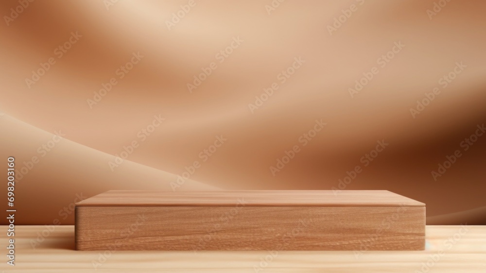 Wooden rectangular podium with earthy bokeh background, Premium showcase mockup template for Beauty, Cosmetic, Luxury products, with copy space for text Wooden rectangular podium with earthy bokeh background, Premium showcase mockup template for Beauty, Cosmetic, Luxury products, with copy space for text