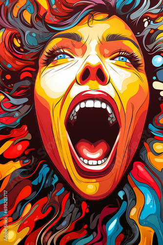 Wow pop art woman. Young surprised female lady with open smile with wow. Illustration in modern comic style. Colorful pop art.