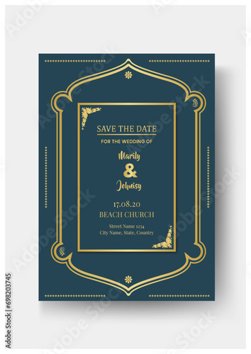 Mughal wedding invitation card design. Save the date invitation card for printing vector illustration. (ID: 698203745)